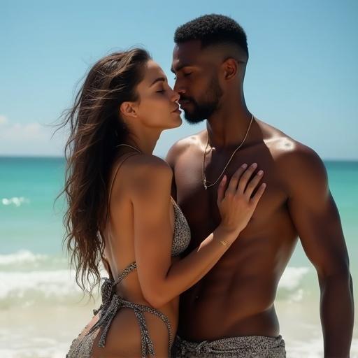 A couple during a swimsuit photoshoot on the beach. They are interacting intimately, showcasing their fashion choice. The setting is sunny and vibrant with a blue ocean in the background.
