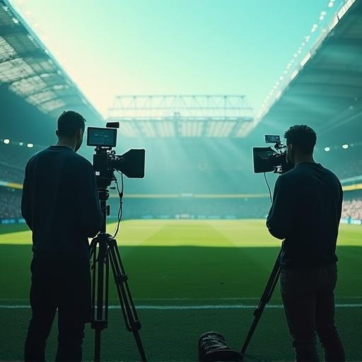 Scene showing two camera operators filming inside a football stadium. Captures an epic atmosphere with bright lights. Turquoise, white, and yellow color palette. Focus on the cameras and operators.