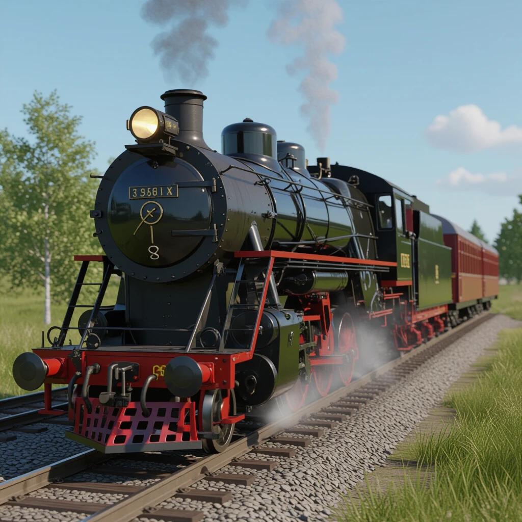 A detailed photorealistic representation of a steam locomotive traveling through an urban landscape. The locomotive is depicted with precision and attention to textures, highlighting the metal and steam effects while capturing the surrounding greenery and railway tracks.