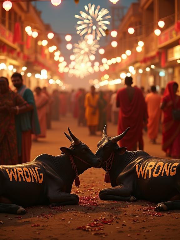 Indian market during a festival. People dressed in traditional attire. Two cows lying down with 'WRONG' text. Fireworks and colorful decorations. Cinematic realism.