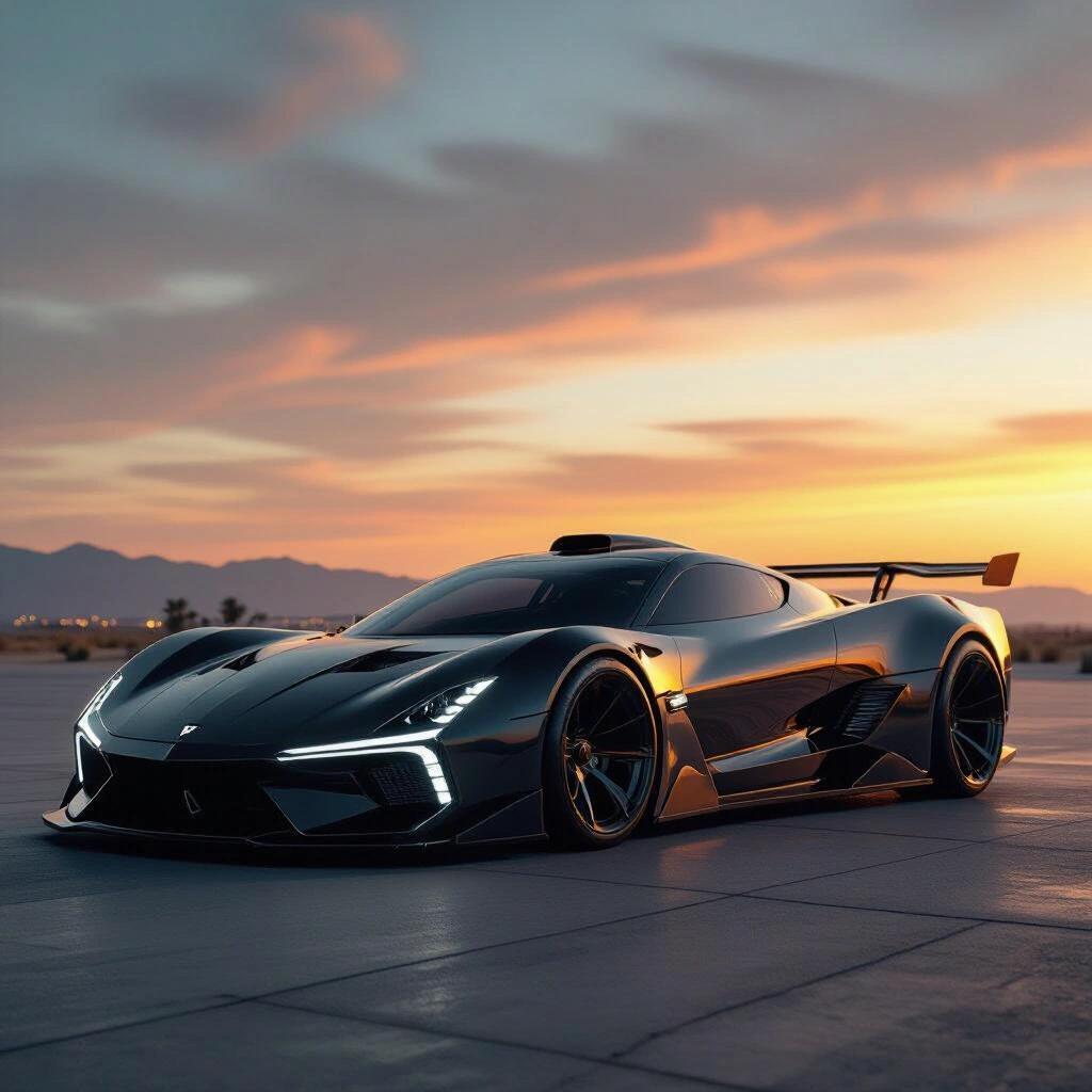 A parked futuristic low rider hypercar in a dark epic scene at twilight. The scenery includes a warm sunset and mountains in the background. The hypercar features sleek lines and is positioned prominently.
