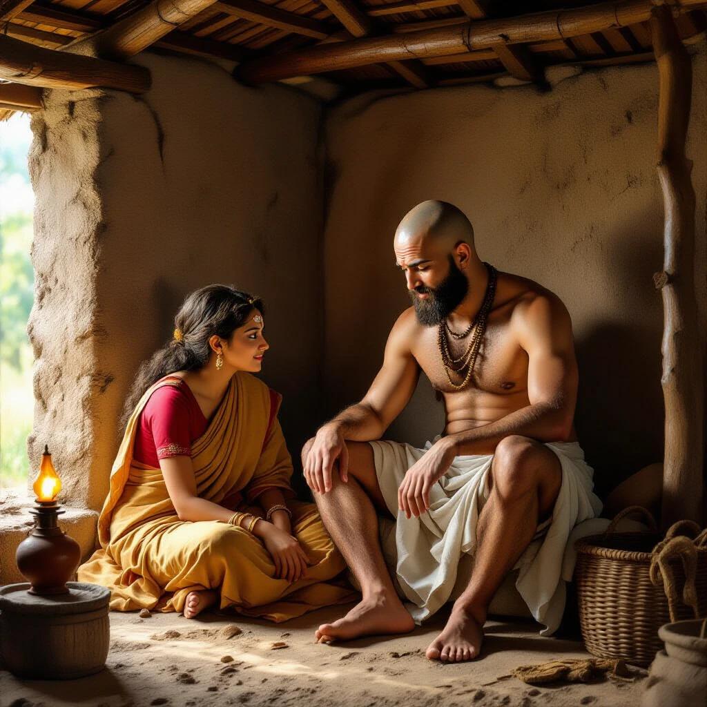 Depicts a mythological story set in a modest hut featuring Sudhama and his wife. Sudhama looks worried and wears an old dhoti. The wife gently persuades him, and there is a clay lamp illuminating the room.