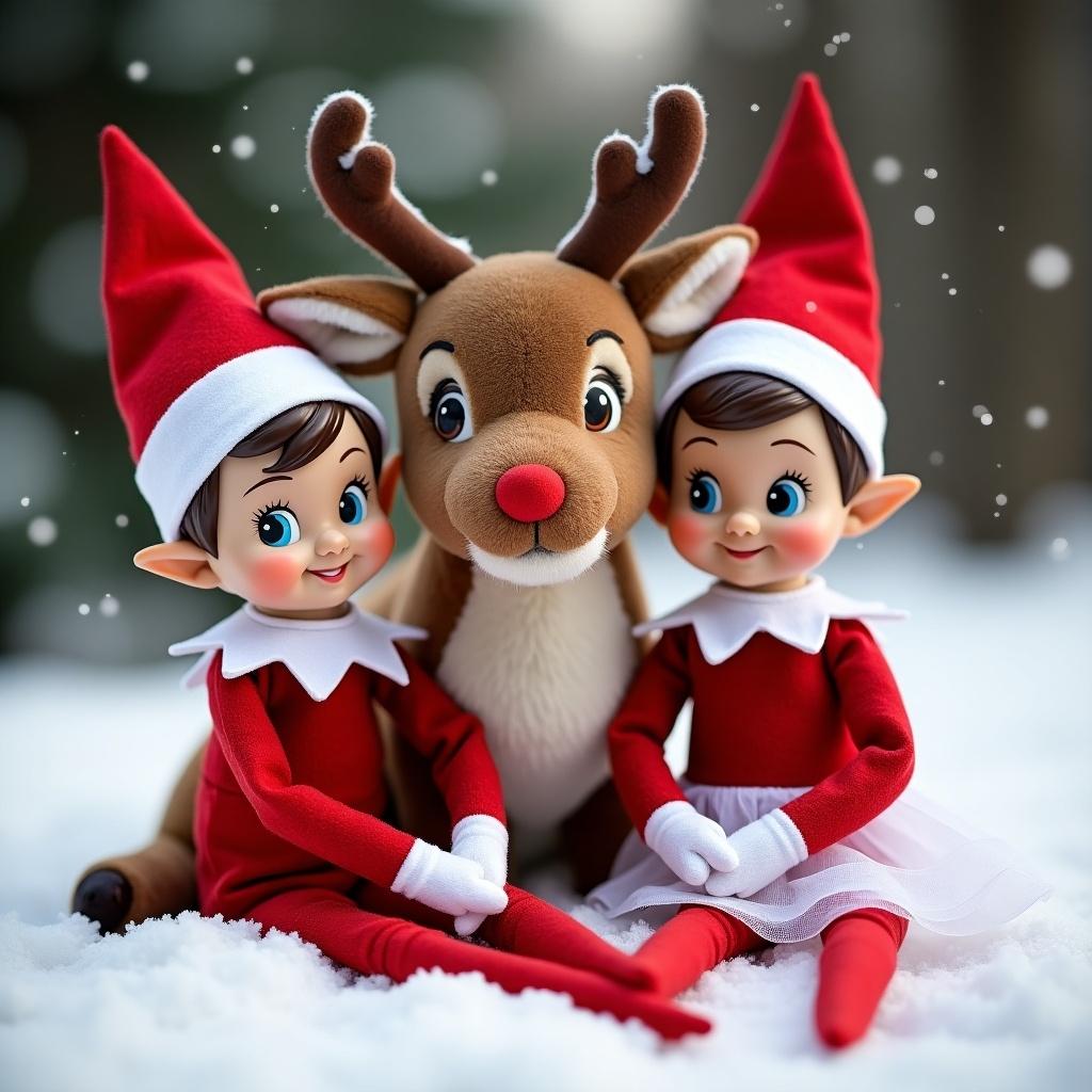 Two elf dolls sit with a larger reindeer at the North Pole. One elf wears a red and white outfit, the other elf has a white skirt. Both wear red and white pointed hats. Surrounding them is snow, creating a happy winter scene.