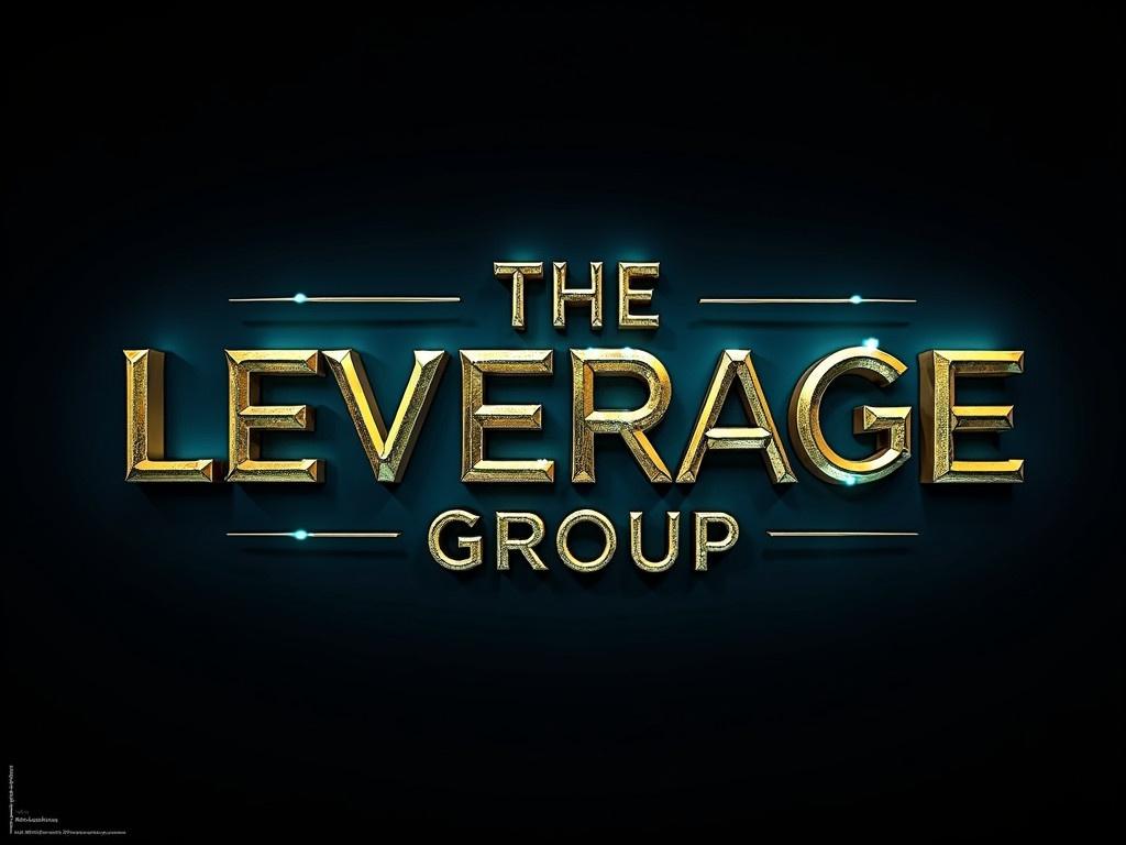 The image remains visually similar, featuring the golden text of 'The Leverage Group.' However, the color of the text now has a shiny effect, reflecting vibrant blue and teal light. The lighting adds depth and enhances the glossy appearance of the letters, making them appear more dynamic and eye-catching. The background remains dark to contrast with the vibrant colors of the text. The overall design gives a sense of luxury and professionalism, suitable for a high-end brand.