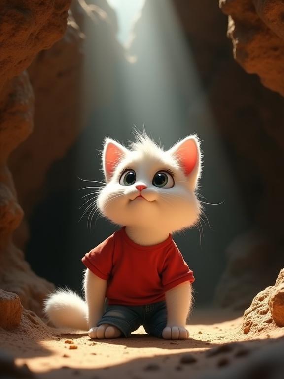 Fluffy white cat wearing a red t-shirt and blue jeans crouching and looking upwards. Cat inside a dark cave with brown walls. Bright ray of light illuminating cat's head. Mysterious and contemplative atmosphere. High-quality 3D digital illustration in animated movie style.