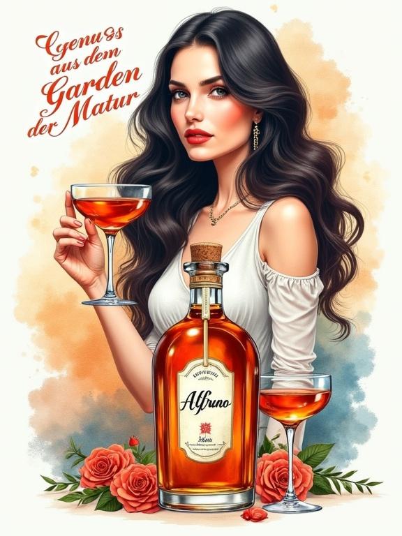 Stylized illustration of a woman in her mid-thirties with long dark hair holding an amber liqueur cocktail. Serene expression with jewelry. Colorful watercolor background in orange and blue. Apothecary bottle labeled 'Alfruno' with elegant design. Two glasses and decorative roses add sophistication. Text reads 'Genuss aus dem Garten der Natur.'