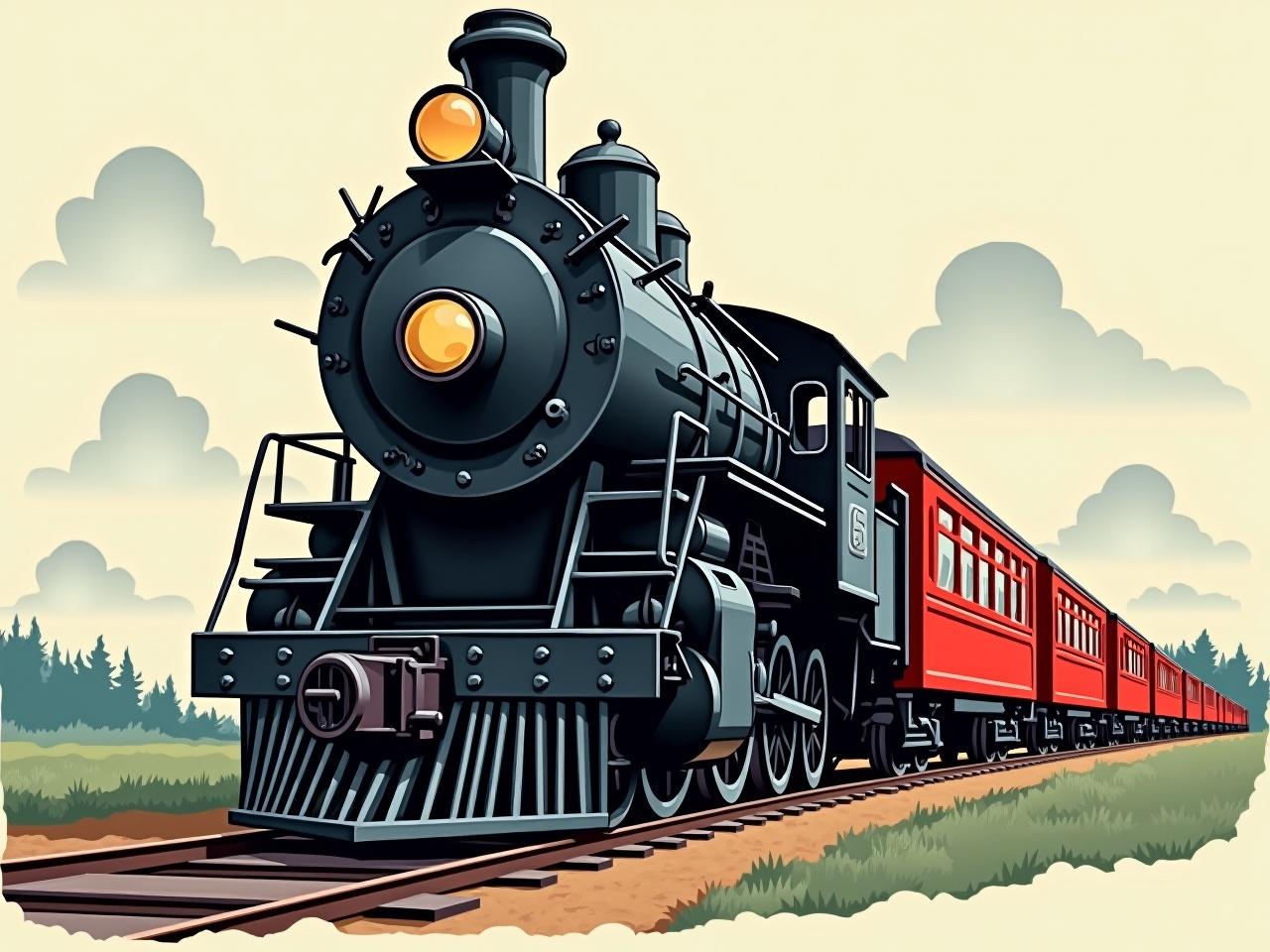 The image depicts a vintage steam locomotive with a pronounced front view. The engine is black with distinct features like a headlamp and a large smokestack. Behind the locomotive is a red passenger car, contrasting sharply with the dark engine. The scene is set against a background of soft, cloudy skies and hints of trees, suggesting a serene landscape. The artwork appears to have an illustrative style, with a mix of bold lines and muted colors, evoking a nostalgic feel of train travel.