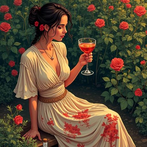 Top-down view of a goddess in a garden enjoying relaxation. She has an hourglass figure and braided hair. Wearing a semi-transparent boho blouse, a wrap-skirt, and a flower behind her ear. Toasting with a cocktail glass of reddish liqueur. Surrounded by herbs, wildflowers, and roses. Lower apothecary bottle in foreground labeled 'ALFRUNO'. Mysterious and elegant mood.