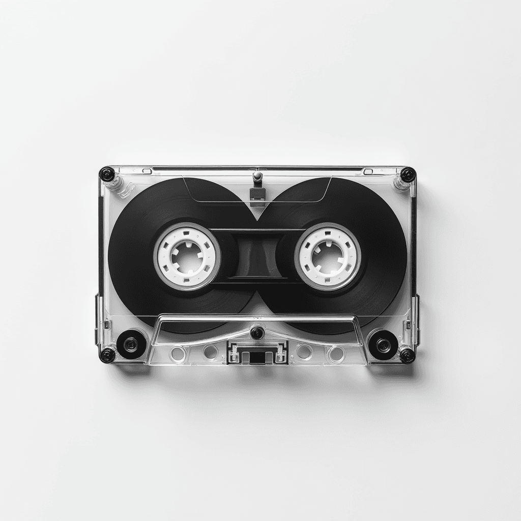 A classic black and transparent cassette tape is placed on a plain white background, showcasing its reels and intricate details.