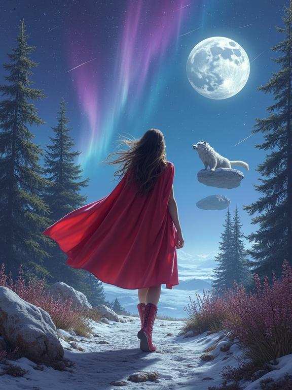 A beautiful woman in a flowing red cape and space boots walks in a lunar forest. Crystal trees surround her. A wolf made of nebulas watches her from a floating rock. The sky shows slow-moving shooting stars and violet auroras.