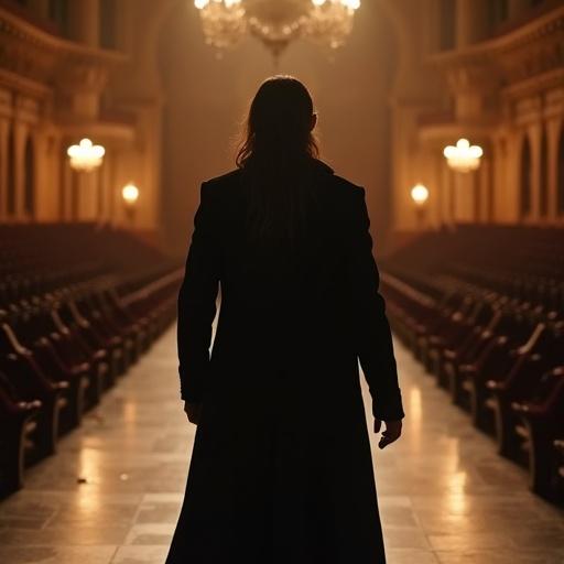 A tall man in a fitted black coat walks through an empty opera house or grand hall. Long hair flows behind. A candle held in the right hand creates a warm glow.