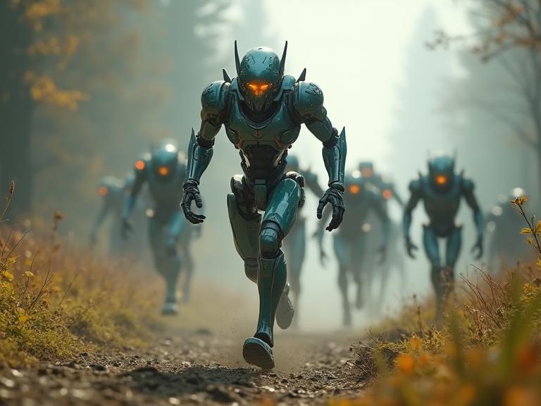 A bio robot resembling a warframe runs toward the screen. A horde of grineer-like figures is in pursuit.
