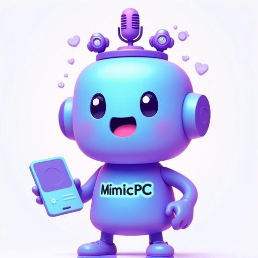 Playful digital assistant mascot for MimicPC. Humanoid figure with a cute face. Features a pastel blue-purple gradient. A crown made of icons like a microphone and camera. "MimicPC" displayed as a glowing badge. Modern vector design style.