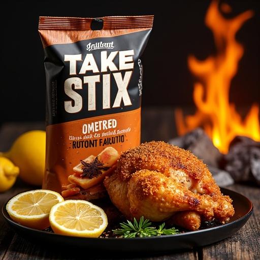 Smoky flavorful product design for a grilled chicken flavor snack. Packaging features warm tones with a crispy golden-brown chicken beside lemon slices and herbs. Background shows grill marks and charcoal flames.