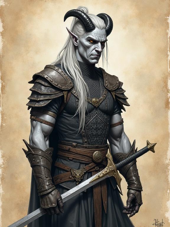 Pen Sketch in colored pen style showing a male tiefling character. Features include ash-gray skin, amber eyes, long silver hair, sleek black horns, and two scars. He wears chainmail and holds a long sword, with a background resembling ancient parchment.