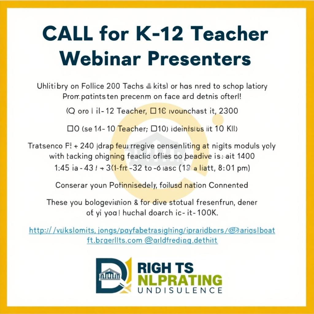 This image is a call for K-12 Teacher Webinar Presenters. It invites teachers to apply as presenters for educational webinars. The text is easy to read and highlights opportunities for professional development. Participants are encouraged to share their expertise in teaching. The design features a colorful layout, appealing to educators. It aims to engage teachers looking to expand their skills and share knowledge with peers.