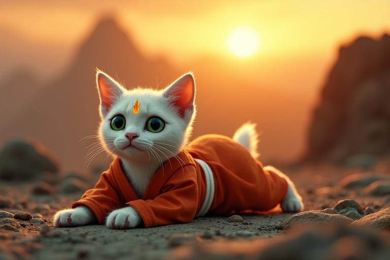 A small white kitten with emerald-green eyes and a golden flame-shaped mark on his forehead wears a light red karate gi. The kitten lies on a rocky mountain ground at dusk. The sky is warm orange as shadows stretch across the landscape. An elderly goat in orange-white robes watches the kitten.
