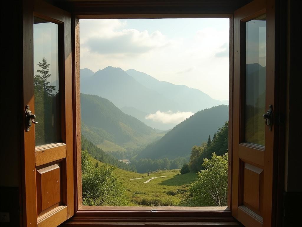 A wooden window is wide open, letting in the soft morning light. Outside, a breathtaking landscape unfolds with rolling hills and lush greenery. Mist rises gently, creating a dreamy atmosphere as sunlight filters through. A winding path meanders through the scenery, inviting exploration. In the distance, mountains rise, their peaks partially obscured by clouds. The scene is tranquil, evoking a sense of peace and connection to nature.