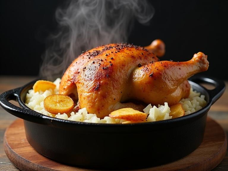 Beautifully cooked golden chicken in black pot with steam rising above. Chopped onions and potato chips beneath. Juicy and tasty details are visible.
