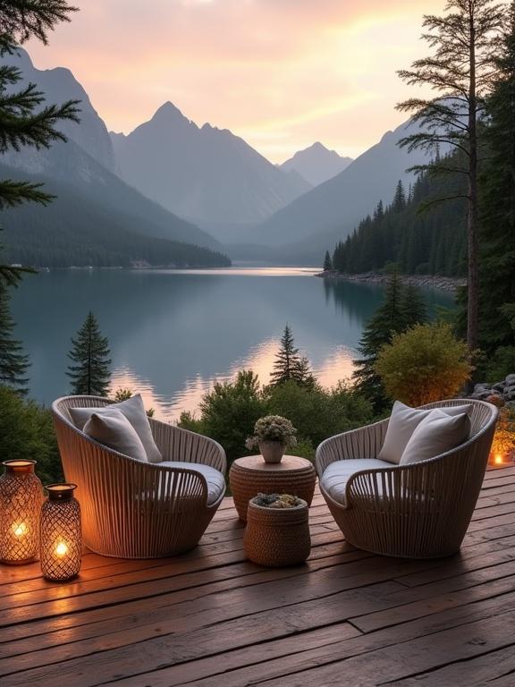 Serene lakeside view with cozy rustic outdoor seating area. Late evening sunset casts a warm glow over the scene. Wicker lounge chairs with soft cushions facing the lake. Wooden deck with rustic charm. Lanterns provide soft lighting. Background features mountains and dense forest.