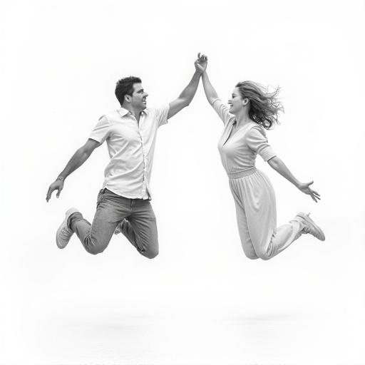 Full body view of a man and woman jumping against a white background. Realistic pencil drawing style inspired by Andrew Loomis. The couple appears to be having fun.