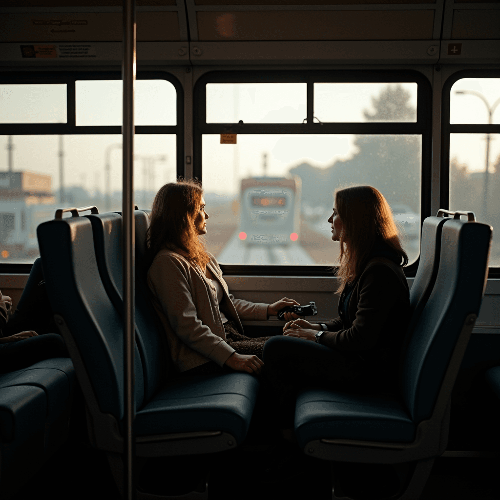 Two women are having an intimate conversation on a train, bathed in soft sunlight.