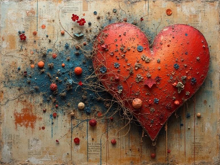 Collage featuring a large textured heart. Mixed media elements include newspaper jute fibers wood sand and glittering confetti. It has a 3D effect with various textures and layers. Evocative and magical composition with luminous colors.