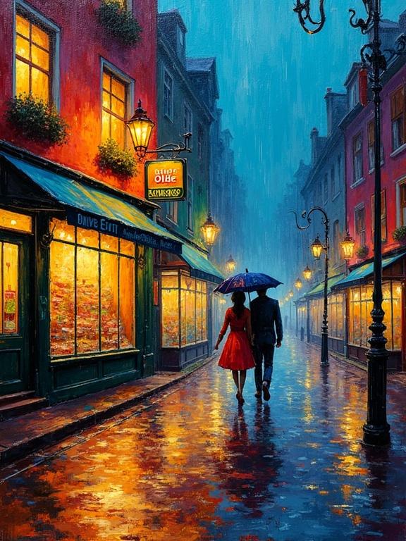 Impressionistic painting features a rainy night scene in a European city. Couple with an umbrella strolls amidst vibrant buildings. Warmly lit shop windows glow in rich colors. Street is wet with reflections of city lights. Expressive brushstrokes capture the dynamic mood of the scene.