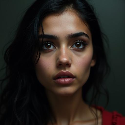 Close-up portrait of a woman with dark brown eyes and black hair. The woman's expression is serious. Features include full lips and thick well-groomed eyebrows.