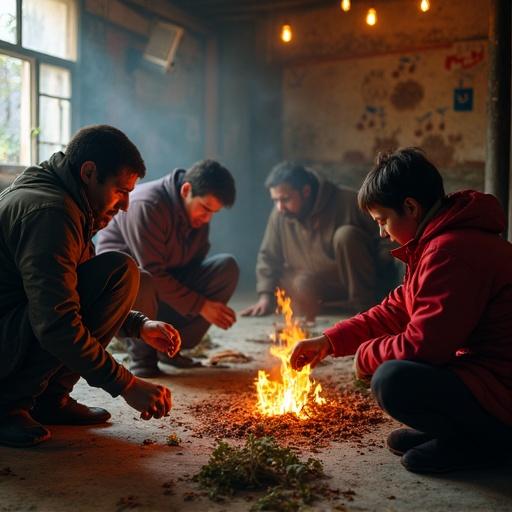 A group of individuals squats on the floor surrounded by warm light. They are preparing dinner using natural ingredients and making a fire. The scene captures the essence of communal cooking and traditional preparation methods.