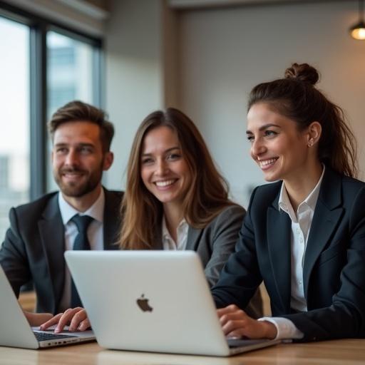 Three young professionals in a corporate setting. They are using Apple devices while working. Their attire is professional and varies among individuals. The setting is bright and modern. They appear engaged and happy in their tasks.