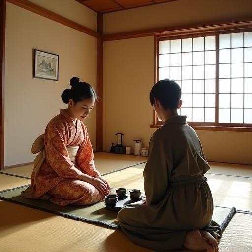 Traditional Japanese tea ceremony in a tatami room with two figures. A woman in a kimono prepares tea while a guest kneels. The room features shoji doors and traditional art.
