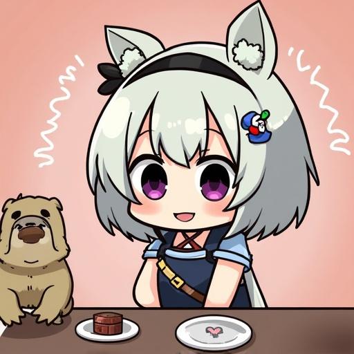 Cute anime girl with grey hair and cat ears smiling at the viewer sitting at a table with a bear character and dessert