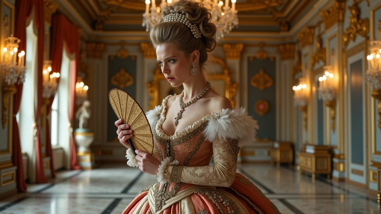 an elegantly dressed woman in a Rococo-style ballroom, wearing an ornate gown and holding a fan, with chandeliers and lavish décor in the background