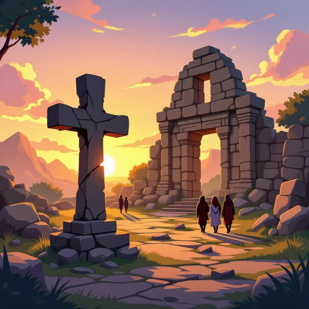 Cartoon depiction of an ancient abandoned temple with a broken stone cross in the foreground. A few people walk in the scene. They have sad expressions on their faces. The setting is during sunset, creating soft light and a melancholic mood.