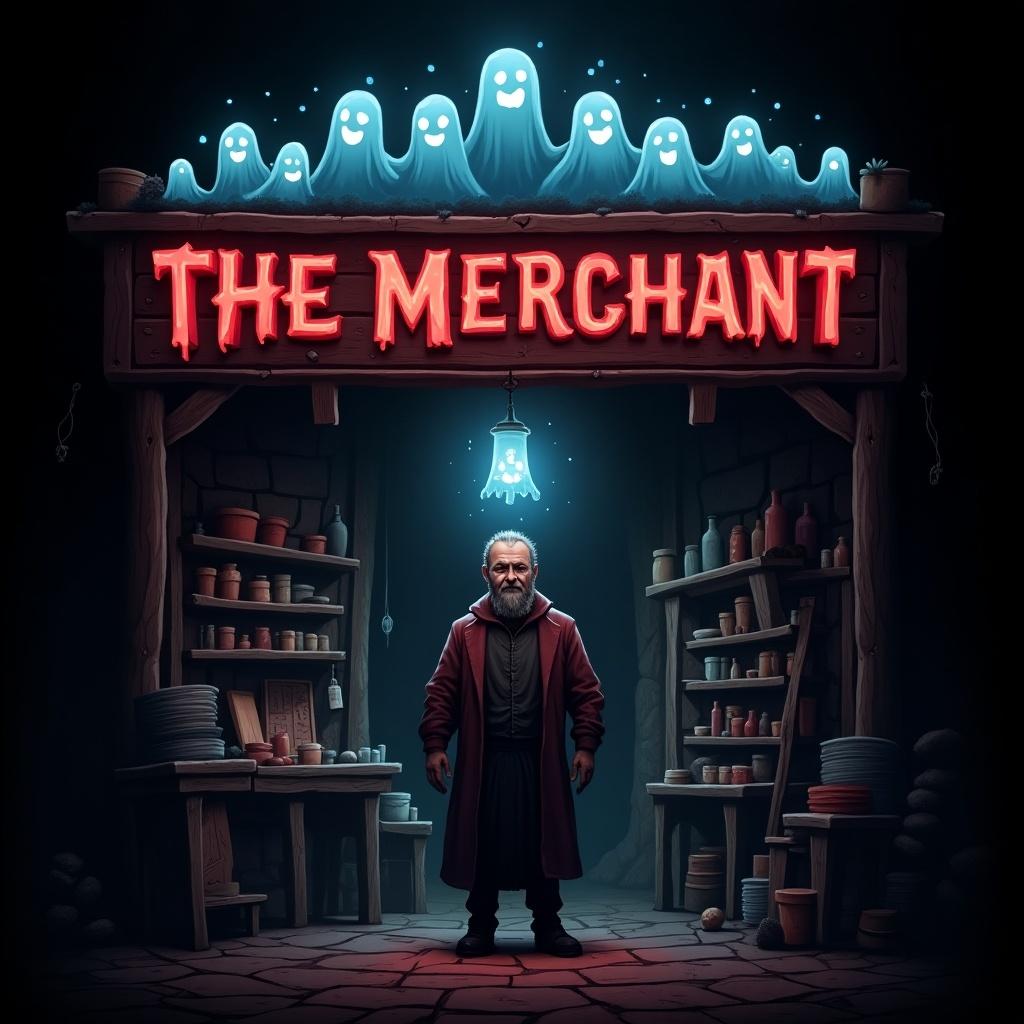 This image depicts a dark hellscape featuring a large, mystical shop run by an imposing merchant. Above him, translucent blue glowing ghosts float, adding an eerie atmosphere to the scene. The title of the game, 'The Merchant', is prominently displayed in large, bold red letters against a black background, drawing immediate attention. The setting appears to be filled with various items, suggesting a shop filled with treasures or oddities. The overall vibe is dark and mysterious, enticing players to explore the story behind the merchant and his spectral companions.