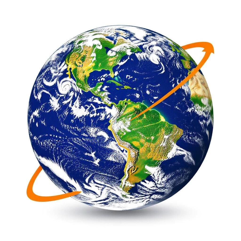Earth illustration with visible continents and oceans. Globe view with an orange circular path indicating movement or rotation. Suitable for educational and marketing use.