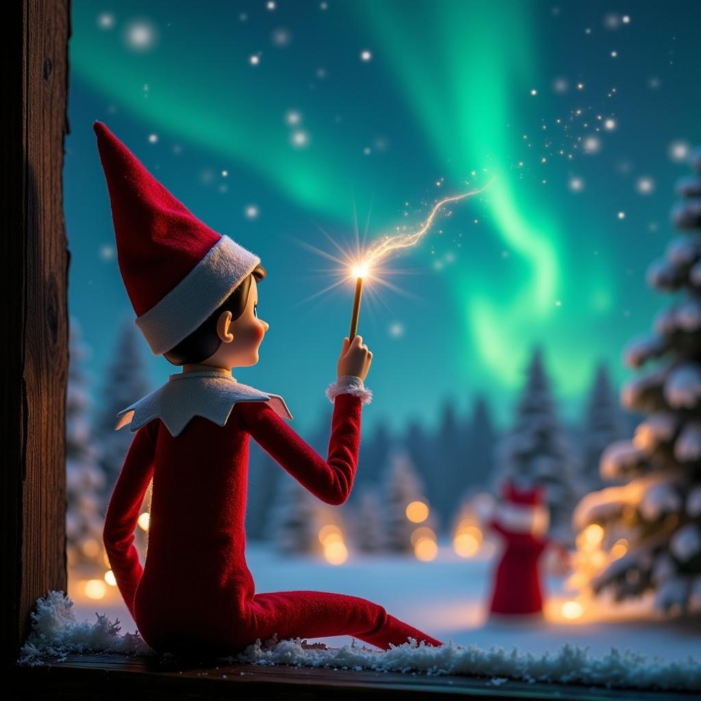 The image showcases the iconic Elf on the Shelf character seated on a window ledge, facing the dazzling northern lights. The elf, dressed in a traditional red outfit, clutches a glowing wand as he writes a message in the sky. Behind him, the magical winter landscape is illuminated with twinkling lights, adding a festive ambiance. In the distance, Santa can be seen, enhancing the Christmas theme. Soft snow blankets the ground, contributing to the enchanting atmosphere. The scene evokes warmth and nostalgia associated with the holiday season, inviting viewers to experience the magic of Christmas.