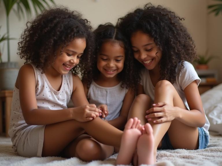 Three children sit on a soft surface. They are playing together. They are inspecting each other's feet. They are smiling and enjoying each other's company. Their hair is curly and natural. The environment is warm and inviting.