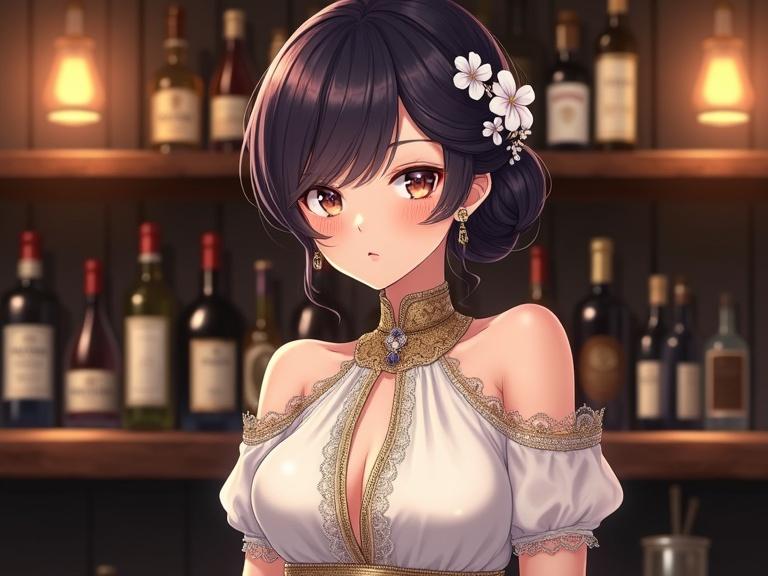 Beautiful anime lady with dark violet hair styled in an updo. Adorned with white flowers and delicate earrings. Fair skin with a slight blush. Looks directly at the viewer with a soft expression. Elegant white dress with high collar and lace detailing. Keyhole cutout at the chest. Wide golden belt cinches waist. Background is cozy bar interior with wine bottles and warm ambient lighting.