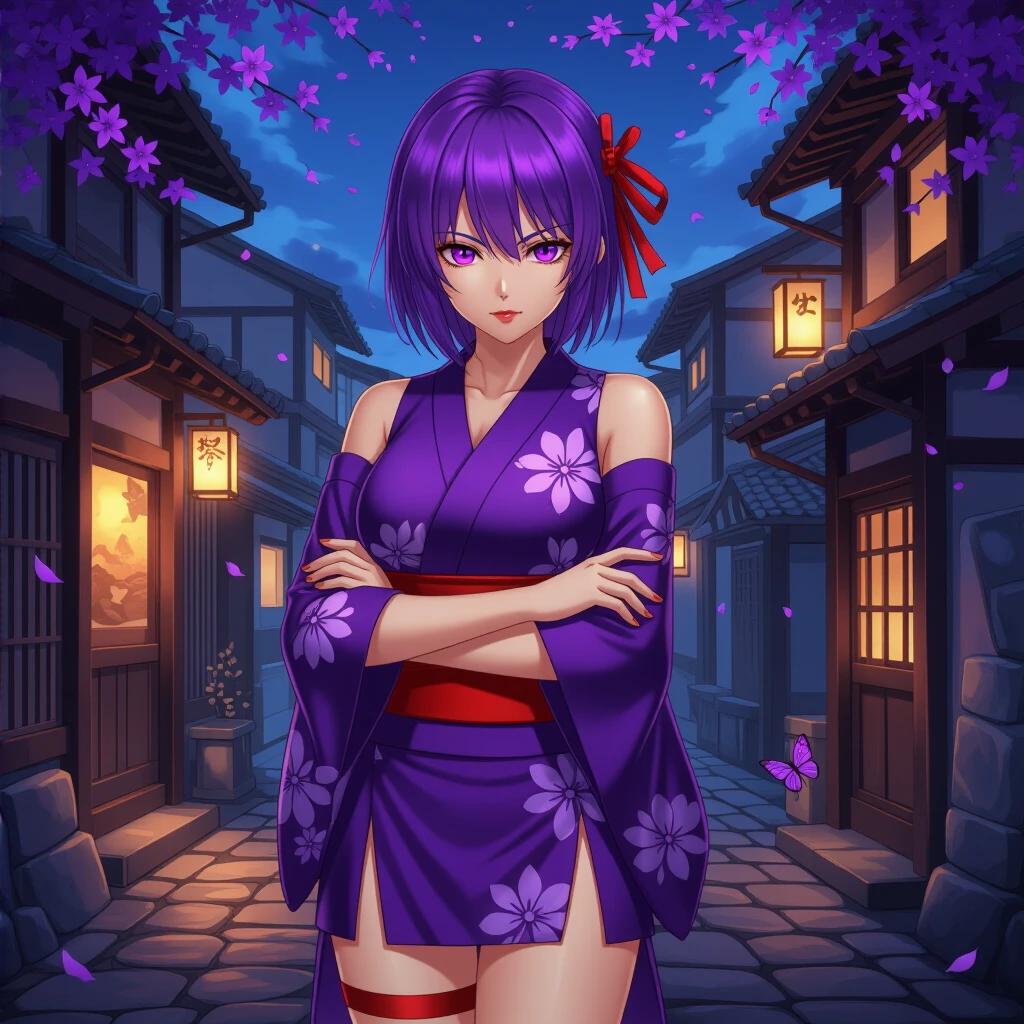 A girl in a purple kimono stands confidently with arms crossed. She has short purple hair and red eyes. The scene is set in a night-time street filled with traditional Japanese architecture. Purple flowers and a butterfly add detail to the ambiance. The kimono is adorned with floral patterns and an obi.