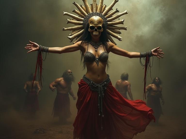 A powerful dark sorceress stands dramatically. She wears an ornate headdress with a skull centerpiece. The skirt is long, tattered, and red. Both arms are extended as if casting a spell. She floats above the ground. In the shadowy background, dark human shapes are seen in swirling mist.
