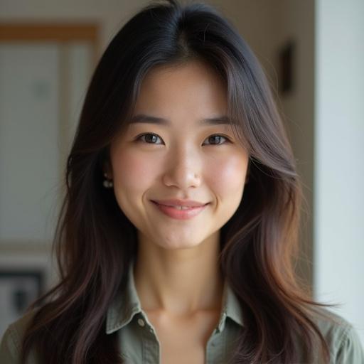 Portrait of a young woman with long hair smiling. She has healthy skin and wears a shirt. The photo has natural light and a soft background. The focus is on her friendly expression.