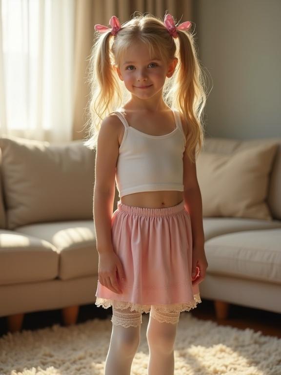 A young blonde girl stands in a living room softly lit by warm afternoon light. She has twin ponytails with pink ribbons. Dressed in a white cropped cami and pastel pink skirt. She wears lace-trimmed thigh-high socks. Barefoot on a plush rug, her toes curled. Expression is sweet and curious with rosy cheeks and a subtle smile. The cozy room ambiance is quiet and natural.