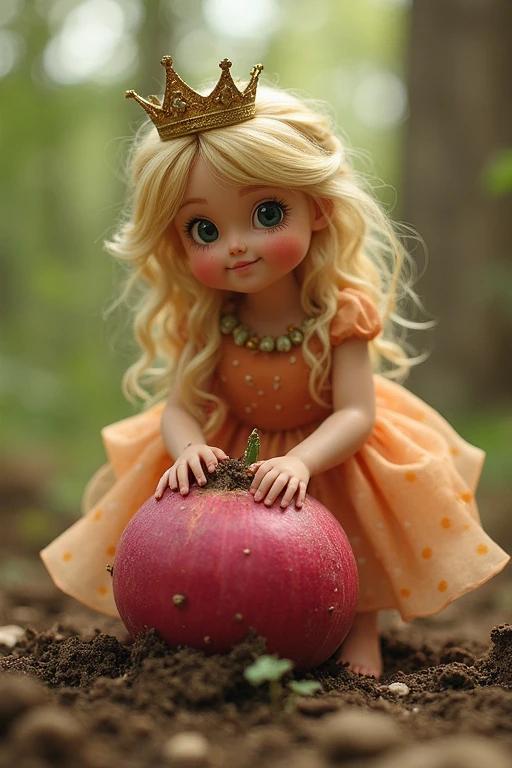 A princess-themed doll wearing a peach-colored dress kneels in dirt with a large pumpkin. The doll has a crown and is reaching for the pumpkin with both hands. The background shows lush greenery.