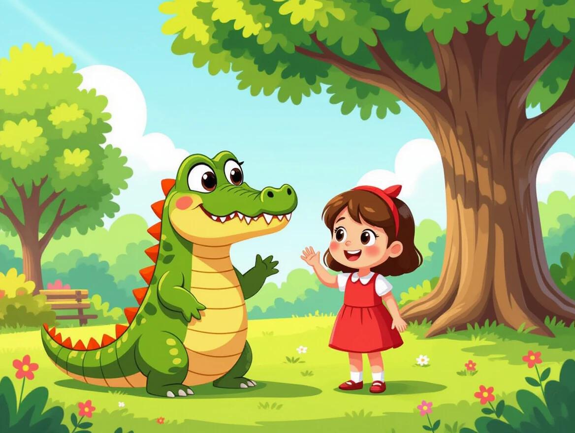 Cute anthropomorphic alligator with a girl named Anna stand smiling in a sunny park. She wears a red dress. She is waving hello under a big tree.