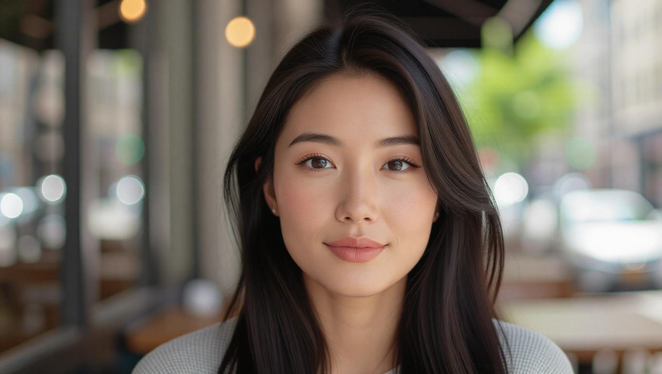 Casual portrait of a woman outdoors. Woman has long black hair and natural skin. She has a gentle expression. Taken outside a restaurant in daylight. Background is softly blurred. Looks natural and everyday like a snapshot.