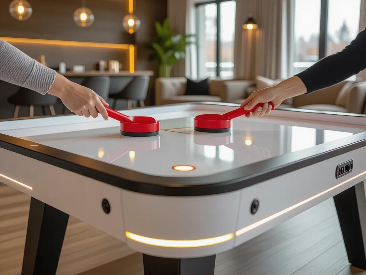 Handheld close-up view shows modern air hockey table with glossy white top. Red paddles are ready to strike a puck. Clean minimal design with brushed metal and black frame. Luxury indoor lighting has a soft golden hue. Background is blurred with upscale furniture and warm textures. Photorealistic finish reflects modern interior decor.