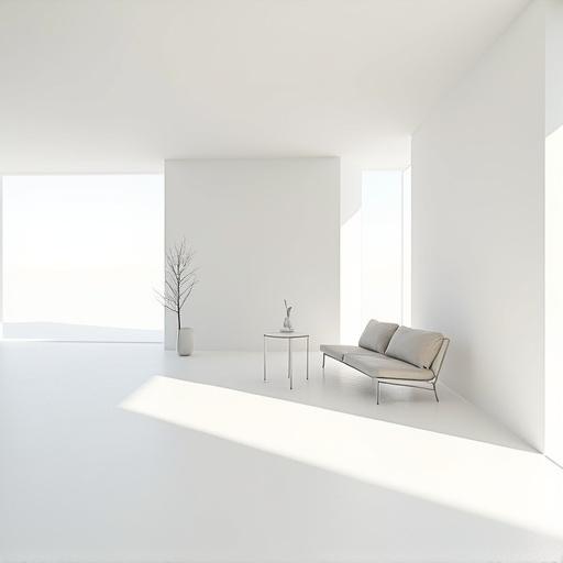 Interior of a white minimalistic villa with clean modern design. Smooth white walls and floors create an open space with high ceilings. Soft natural lighting enhances the look. A small sleek table with a single vase is near a corner. No other furniture or decor present. Large empty space in center reserved for chair placement. Calm and serene atmosphere with subtle shadows and no clutter.
