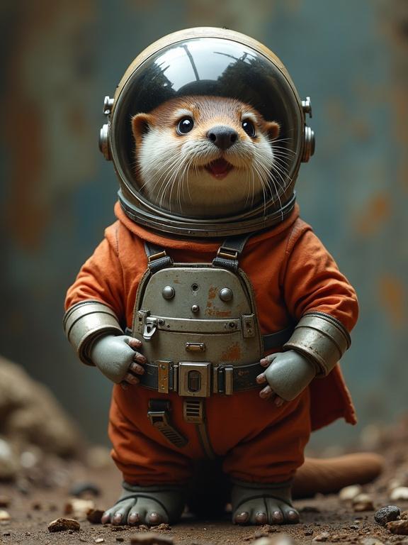 An otter in a space helmet standing confidently with a heroic posture. Orange space suit enhances its appearance. Background shows a rugged, industrial environment with hints of space themes.